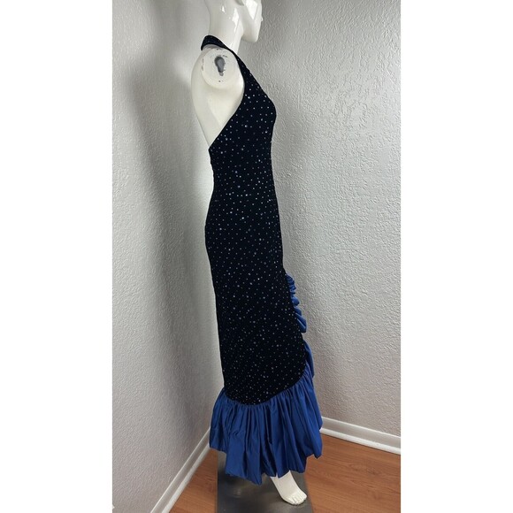 Vtg 80s Blue Velvet Dress Halter Studded Ruffle Hem Holiday Party Formal Sz 4 - Picture 4 of 7